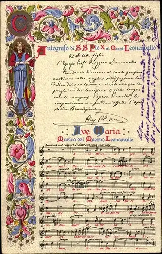 Lied Ak Ave Maria, Musica del Maestro Leoncavallo, Autografo di Pio X, Papst Pius X