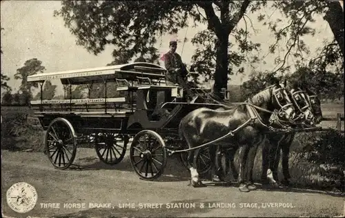 Ak Liverpool Merseyside England, Three Horse Brake, Lime Street Station & Landing Stage