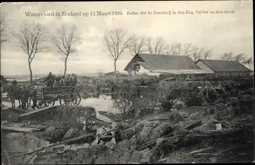 Ak Zeeland Niederlande, Watersnood 12 Maart 1906, Ruine der Boerderij in den Eng. Polder