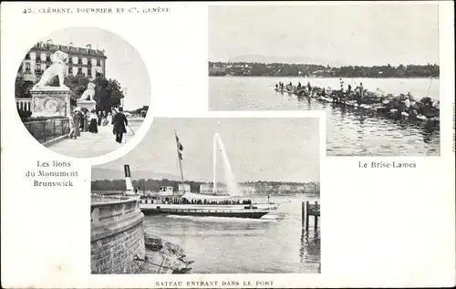 Ak Genève Genf Schweiz, Monument Brunswick, Le Brise Lames, Le Port, Dampfer