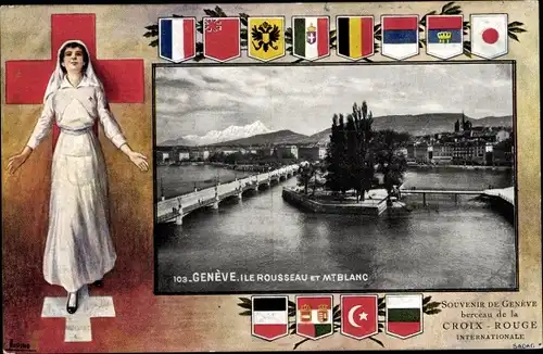Wappen Passepartout Ak Genève Genf Schweiz, Ile Rousseau et Mont Blanc