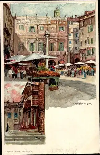 Künstler Litho Wielandt, Manuel, Verona Veneto, Marktszene