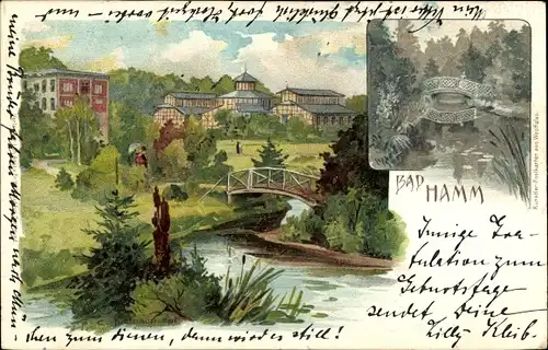 Künstler Litho Multhaup, C., Bad Hamm in Westfalen, Park, Brücke