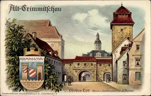 Litho Crimmitschau in Sachsen, Wappen Krimpigschav, das Obere Tor, Stadtrechtsfeier 1914