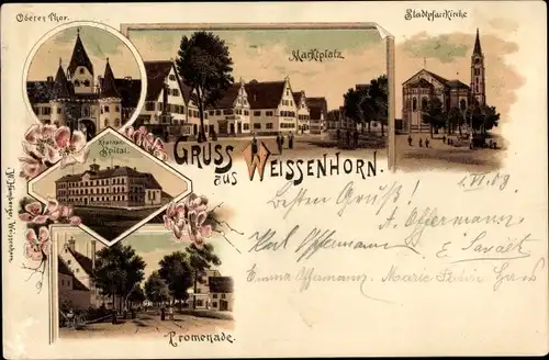 Litho Weißenhorn in Schwaben, Stadtpfarrkirche, Marktplatz, Krankenhaus, oberes Tor, Promenade