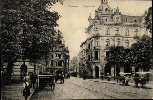 Ak Hansestadt Bremen, Blick in die Sögestraße, Kutschen, Mädchen mit Hut