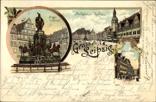 Litho Leipzig in Sachsen, Siegesdenkmal, Marktplatz mit Rathaus, Grimmaische Straße