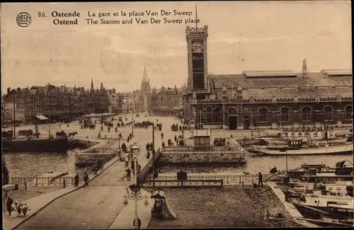 Ak Ostende Westflandern, La Gare et la place Van Der Sweep