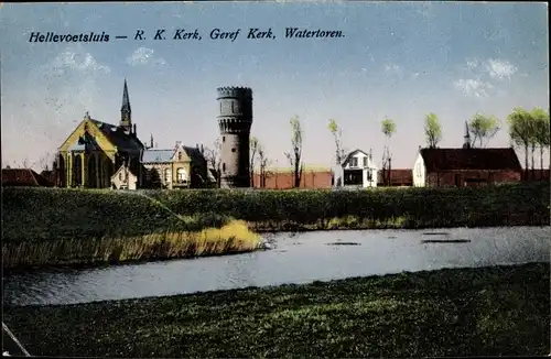 Ak Hellevoetsluis Südholland, R.K. Kerk, Geref. Kerk, Watertoren