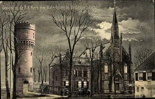 Mondschein Ak Hellevoetsluis Südholland, Gezicht op de R.K. Kerk met Watertoren