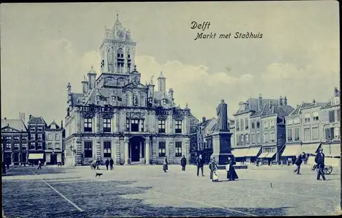 Ak Delft Südholland Niederlande, Markt met Stadhuis