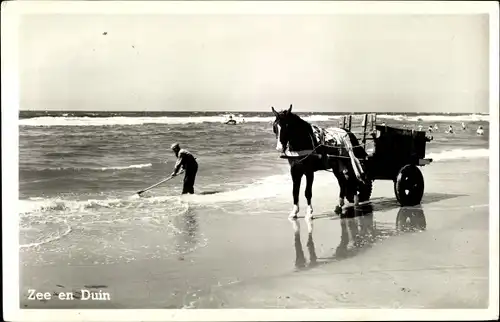 Ak Katwijk aan Zee Südholland Niederlande, Zee en Duin, Pferd mit Wattwagen