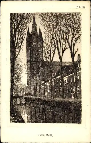 Künstler Ak Delft Südholland Niederlande, Oude Delft, Kirche, Gracht