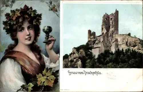 Ak Königswinter am Rhein, Drachenfels, Burg, Frau mit Weinglas