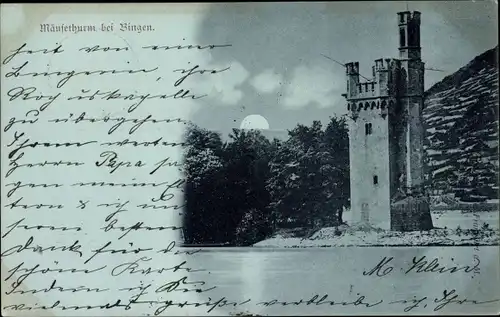 Mondschein Ak Bingerbrück Bingen am Rhein, Mäuseturm