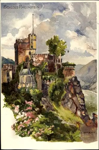 Künstler Litho Pfaff, C., Trechtingshausen am Rhein, Blick auf das Schloss Rheinstein