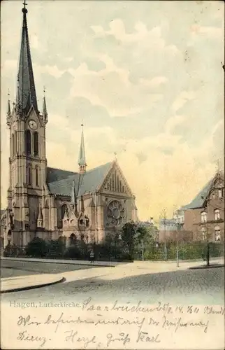 Ak Hagen in Westfalen, Lutherkirche, Gesamtansicht, Straßenbild