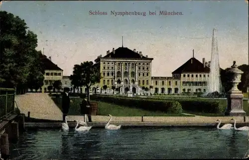 Ak Nymphenburg München Bayern, Königliches Schloss Nymphenburg, Fontaine, Schwäne