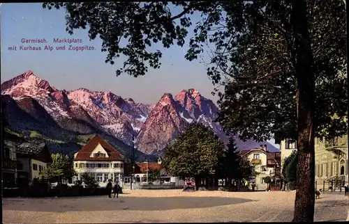 Ak Garmisch Partenkirchen, Marktplatz mit Kurhaus, Alpspitze, Zugspitze