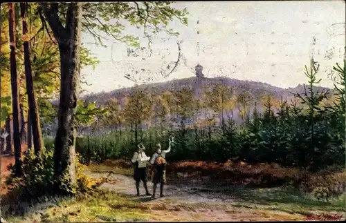 Künstler Ak Nebel, Bad Homburg vor der Höhe, Aussichtsturm auf dem Herzberg, Weigelsruhe, Wanderer