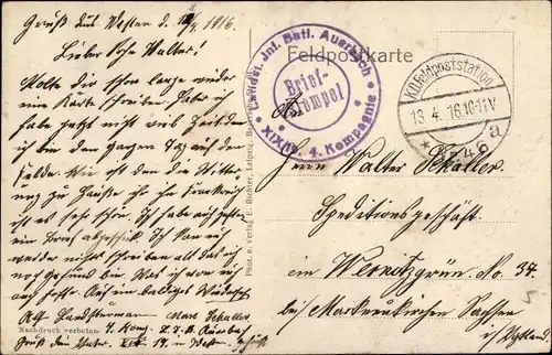 Ak Stempel Deutsche Feldpost 1. WK, Feldpoststation 46, Landst. Inf. Batl. Auerbach XIX 19. 4. Komp.
