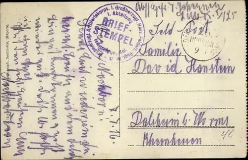 Ak Stempel Deutsche Feldpost 1. WK, Großherzogl. Artillerie Korps I. Großherzogl. Hess. Feldart. Reg