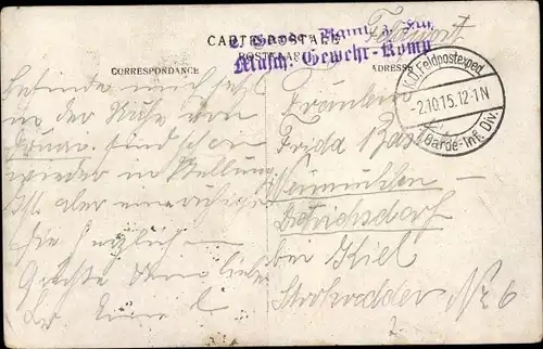 Ak Stempel Deutsche Feldpost 1. WK, 1. Garde Inf. Div., 2. Garde Regt. zu Fuß, Masch. Gewehr Komp.