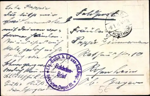 Ak Stempel Deutsche Feldpost 1. WK, Ers. Batl. k. b. 1. Fuß Artillerie Regt., Rekruten Depot III