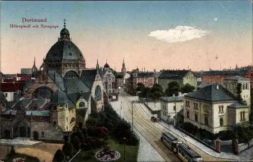 Judaika Ak Dortmund, Hiltropwall mit Synagoge, Straßenbahn, Gebäude