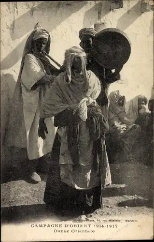 Ak Frau in orientalischem Gewand, Musiker, Tanz, Portrait