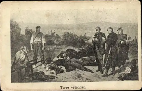 Ak Twee vrienden, Zwei Freunde, Niederländische Soldaten in Uniformen, Tote Männer