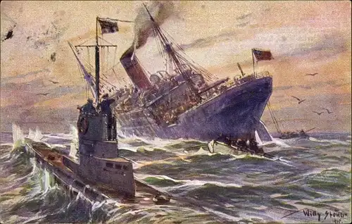 Künstler Ak Stöwer, Willy, Vernichtung eines englischen Handelsdampfers durch ein deutsches U-Boot