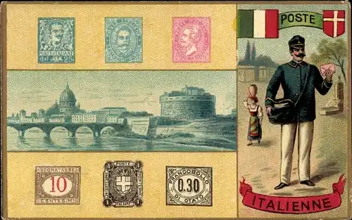 Briefmarken Ak Poste Italienne, Postbote, Frau in italienischer Tracht