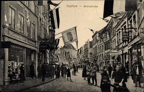 Ak Itzehoe in Holstein, Breitestraße, Geschäfte, Fahnen