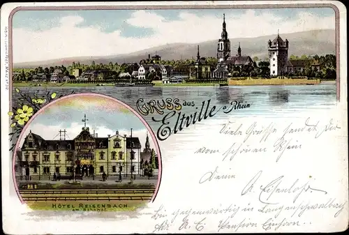 Litho Eltville am Rhein Hessen, Gesamtansicht, Hotel Reisenbach am Bahnhof
