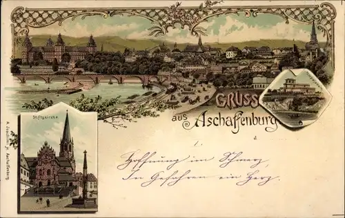Litho Aschaffenburg in Unterfranken, Stiftskirche, Totalansicht