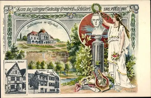 Künstler Ak Marbach am Neckar, 100jähriger Todestag Friedrich von Schiller, Geburtshaus, Museum