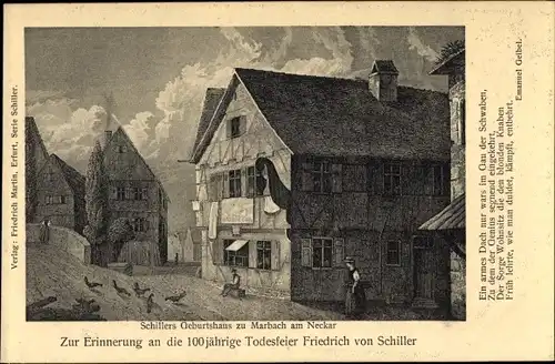 Künstler Ak Marbach am Neckar, Schriftsteller Friedrich von Schiller, Geburtshaus, 100. Todestag