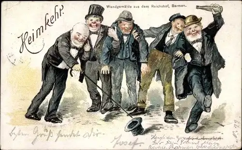 Litho Barmen Wuppertal, Wandgemälde aus dem Reichshof, Betrunkene