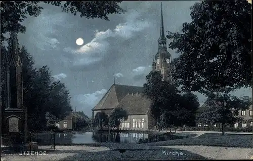 Mondschein Ak Itzehoe in Holstein, Blick zur Kirche