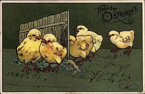 Präge Litho Glückwunsch Ostern, Küken an einem Holzzaun