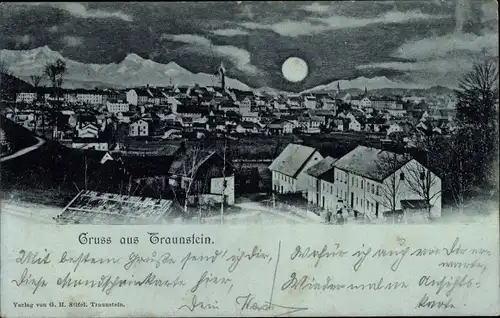 Mondschein Ak Traunstein in Oberbayern, Totalansicht vom Ort