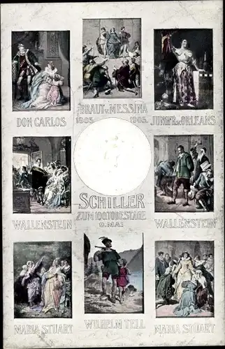 Präge Ak Schriftsteller Friedrich von Schiller, 100. Todestag, Don Carlos, Braut von Messina