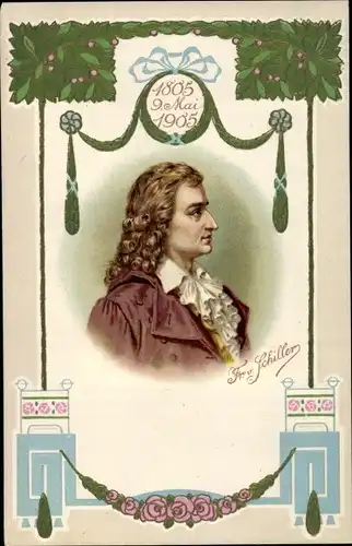 Präge Litho Schriftsteller Friedrich von Schiller, Portrait, 100. Todestag 1905