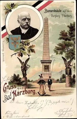 Wappen Litho Bad Harzburg in Niedersachsen, Bismarcksäule auf dem Burgberg, Fürst Bismarck
