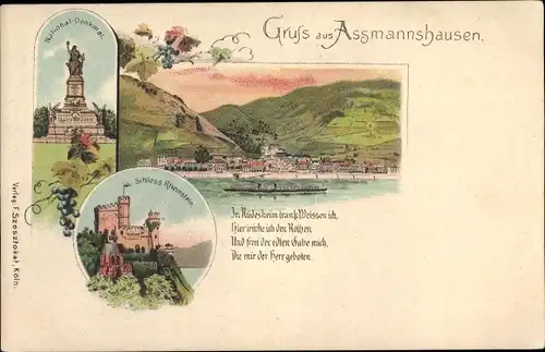 Litho Assmannshausen Rüdesheim am Rhein, National Denkmal, Schloss Rheinstein