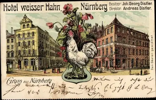 Künstler Ak Nürnberg in Mittelfranken Bayern, Hotel weißer Hahn
