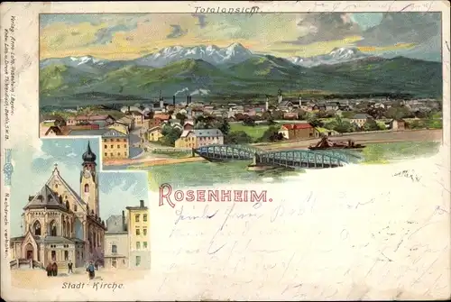 Litho Rosenheim Oberbayern, Stadtkirche, Totalansicht