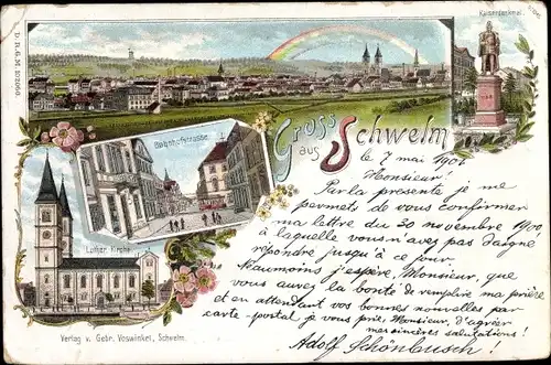 Litho Schwelm in Westfalen, Bahnhofstraße, Kaiserdenkmal, Luther. Kirche