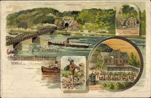 Litho Hameln an der Weser Niedersachsen, Bergrestaurant Felsenkeller, Pyrmontstraße, Bierkeller